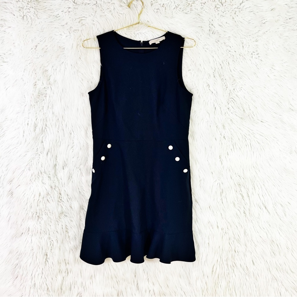 Loft navy blue sleeveless ruffle hem nautical dress with buttons